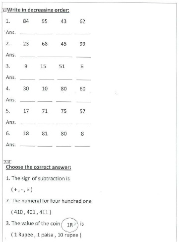 CBSE Class 1 Mathematics Sample Paper Set I