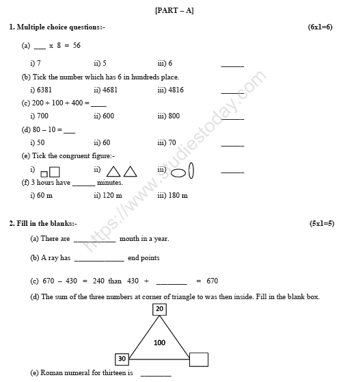 CBSE Class 3 Maths Sample Paper Set L