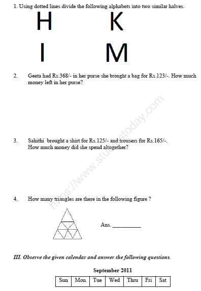 CBSE Class 3 Maths Sample Paper Set I