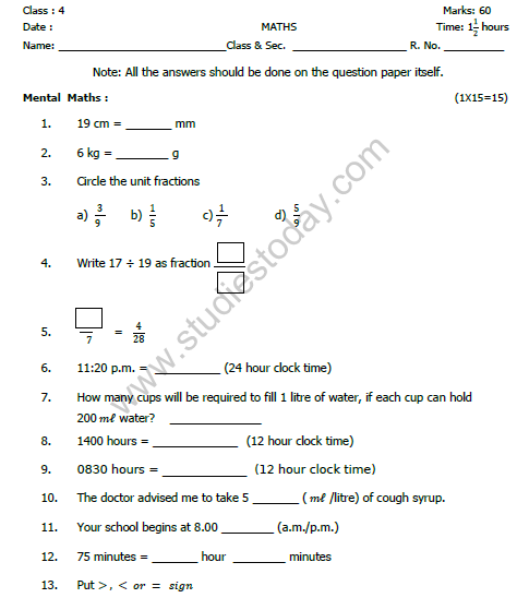 CBSE Class 4 Mathematics Sample Paper Set E