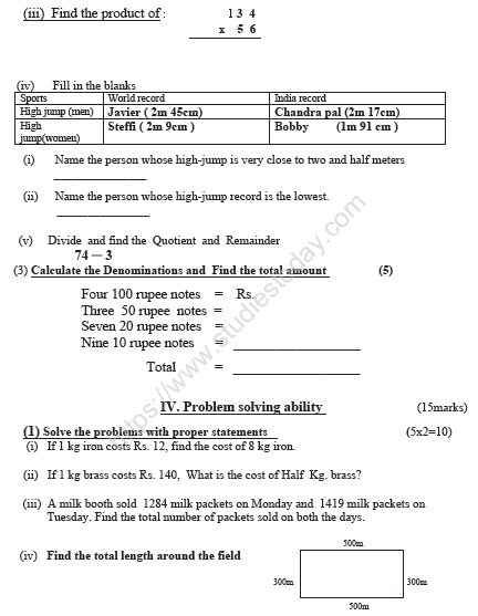 CBSE Class 4 Mathematics Sample Paper Set I