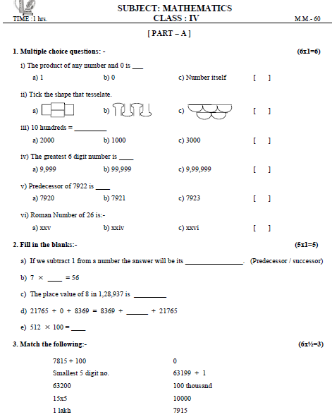 CBSE Class 4 Mathematics Sample Paper Set S