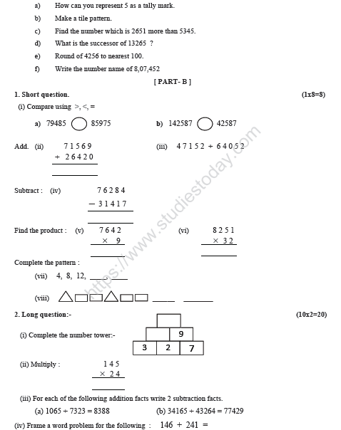 CBSE Class 4 Mathematics Sample Paper Set S