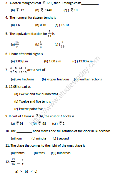 CBSE Class 4 Mathematics Sample Paper Set W