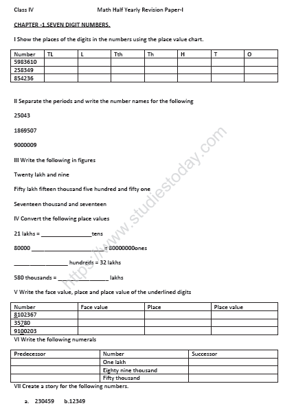 CBSE Class 4 Mathematics Sample Paper Set Y