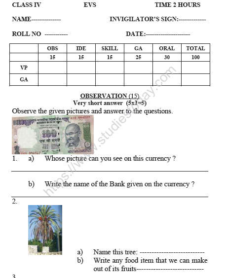 CBSE Class 4 EVS Sample Paper Set A