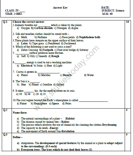 CBSE Class 4 Science Sample Paper Set E