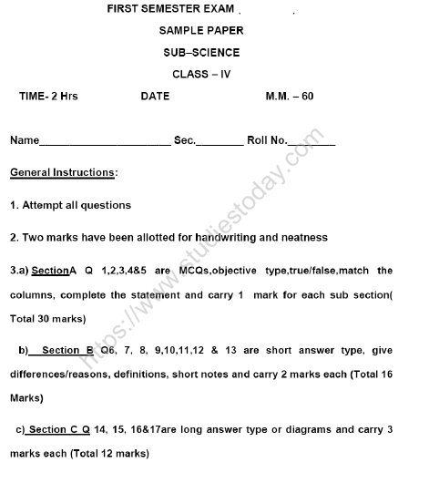 CBSE Class 4 Science Sample Paper Set K