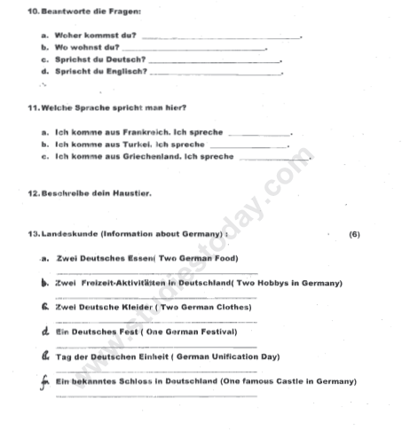 CBSE Class 5 German Sample Paper Set A