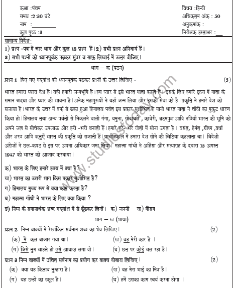 CBSE Class 5 Hindi Sample Paper Set B