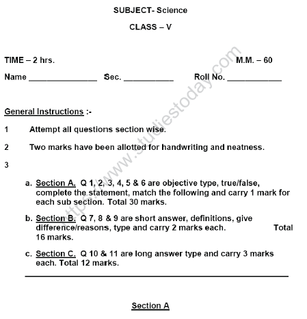 CBSE Class 5 Science Sample Paper Set J