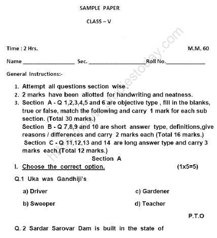 CBSE Class 5 Social Science Sample Paper Set K