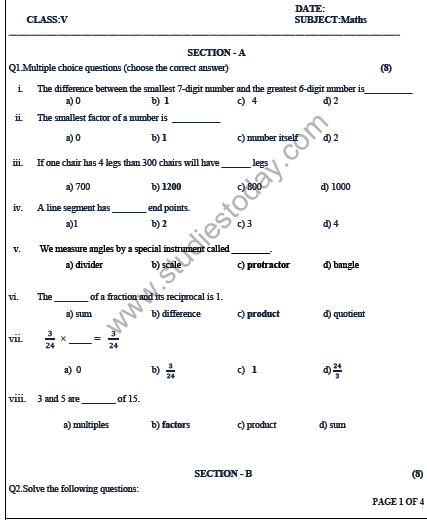 CBSE Class 5 Mathematics Sample Paper Set A