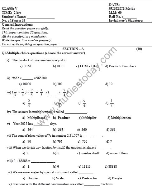 CBSE Class 5 Mathematics Sample Paper Set B