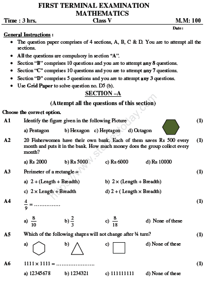 CBSE Class 5 Mathematics Sample Paper Set K