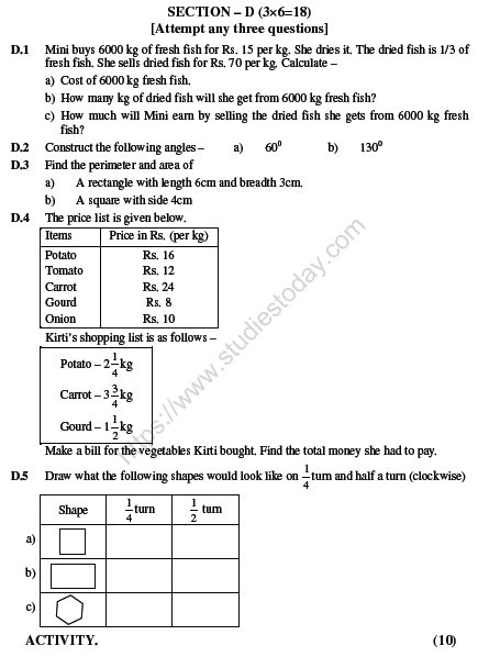 CBSE Class 5 Mathematics Sample Paper Set L