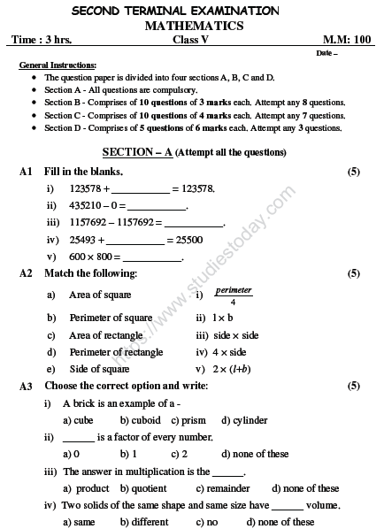 CBSE Class 5 Mathematics Sample Paper Set M