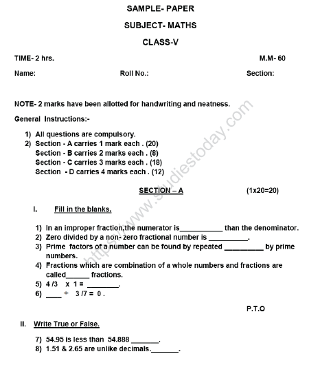 CBSE Class 5 Mathematics Sample Paper Set Q