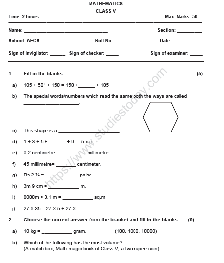 CBSE Class 5 Mathematics Sample Paper Set W