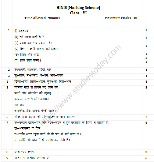 CBSE Class 6 Hindi Sample Paper Set A