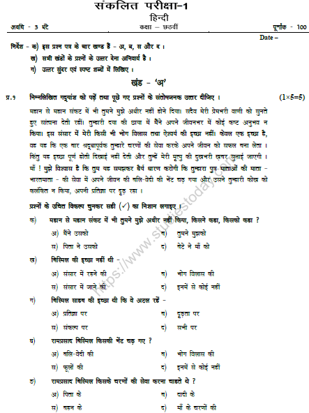 CBSE Class 6 Hindi Sample Paper Set N