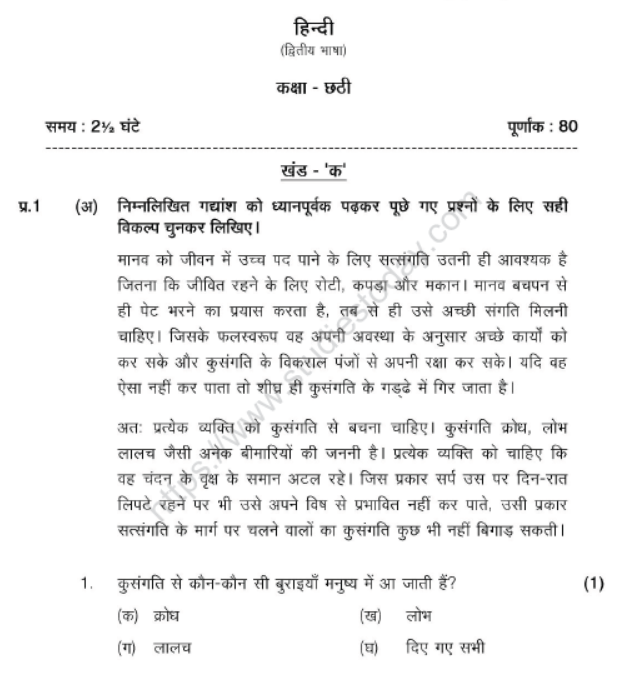 CBSE Class 6 Hindi Sample Paper Set V