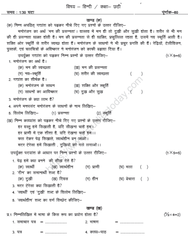 CBSE Class 6 Hindi Sample Paper Set Z