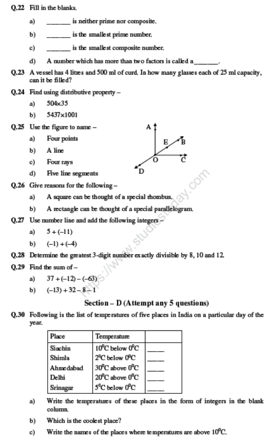 CBSE Class 6 Mathematics Sample Paper Set 5