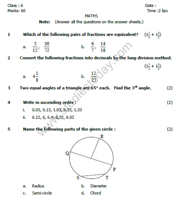 CBSE Class 6 Mathematics Sample Paper Set F