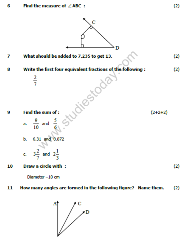 CBSE Class 6 Mathematics Sample Paper Set F