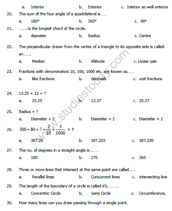 CBSE Class 6 Mathematics Sample Paper Set F