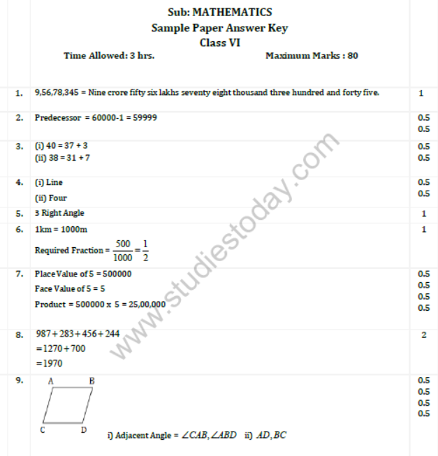 CBSE Class 6 Mathematics Sample Paper Set H