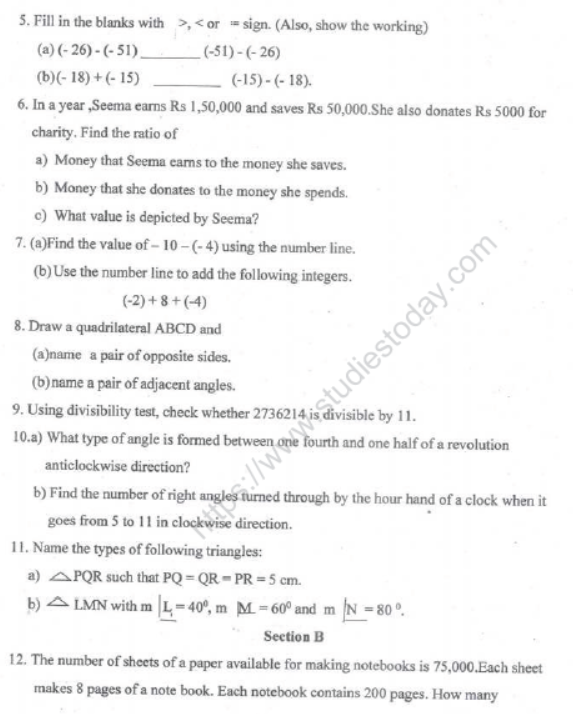 CBSE Class 6 Mathematics Sample Paper Set J
