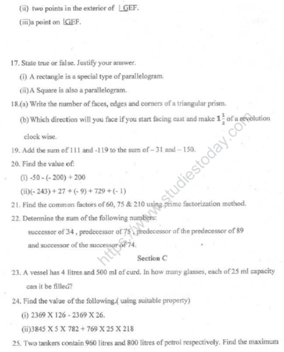 CBSE Class 6 Mathematics Sample Paper Set J