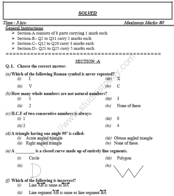 CBSE Class 6 Mathematics Sample Paper Set U