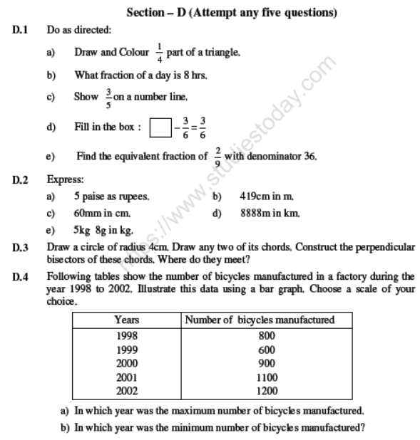 CBSE Class 6 Mathematics Sample Paper Set V