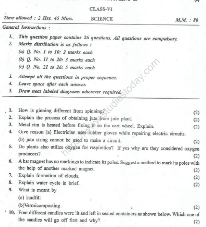 CBSE Class 6 Science Sample Paper Set J