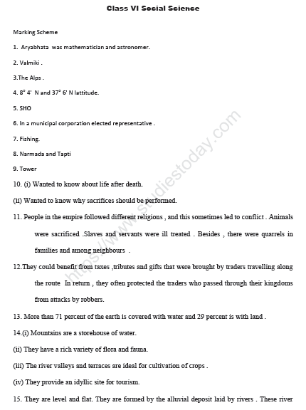 CBSE Class 6 Social Science Sample Paper Set K