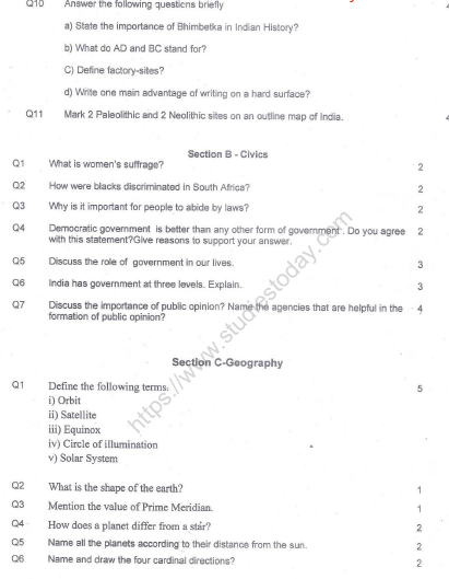 CBSE Class 6 Social Science Sample Paper Set M