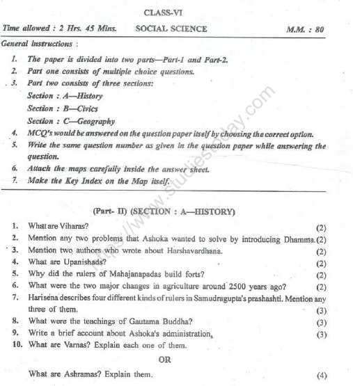 CBSE Class 6 Social Science Sample Paper Set P