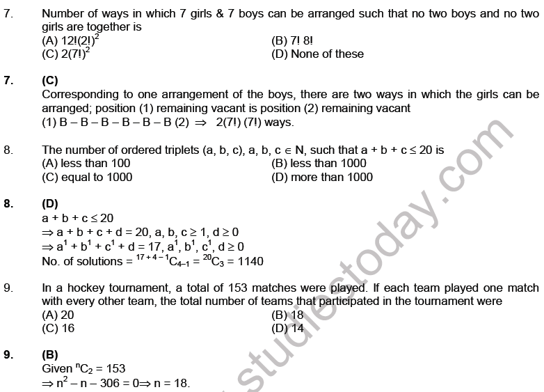 JEE Mathematics Permutation and Combination MCQs Set A-