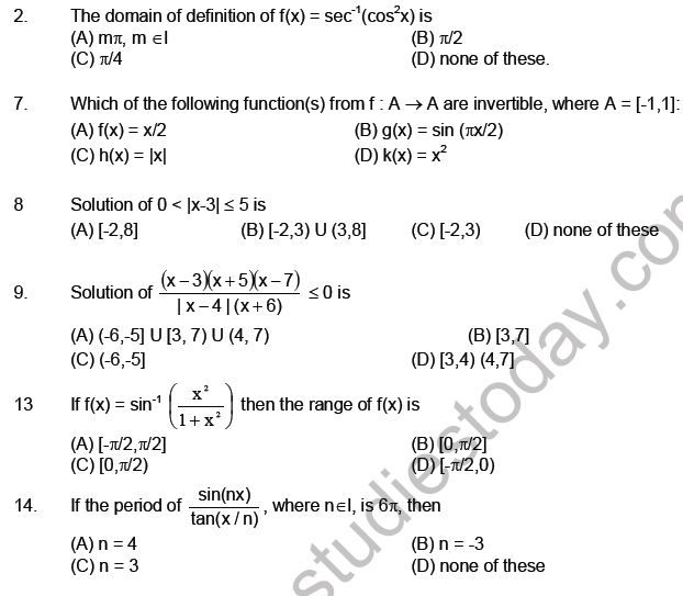 JEE Mathematics Relation and Functions MCQs Set A