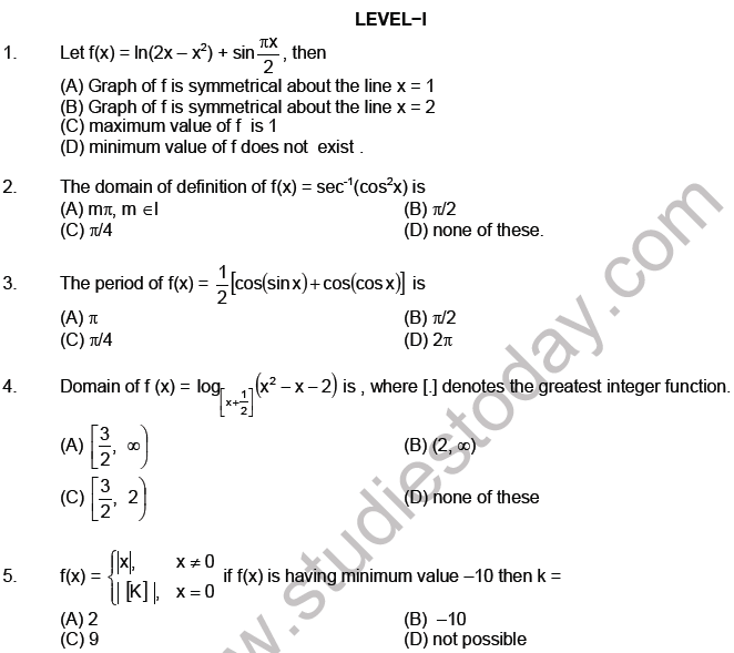 JEE Mathematics Relation and Functions MCQs Set B