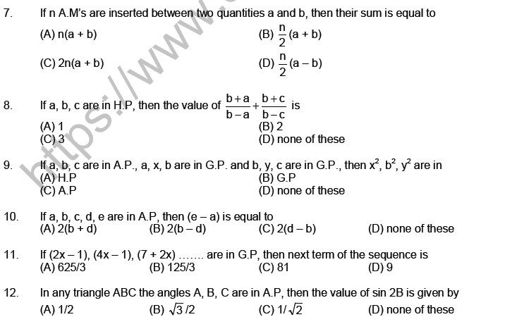 JEE Mathematics Sequence and Series MCQs Set A-