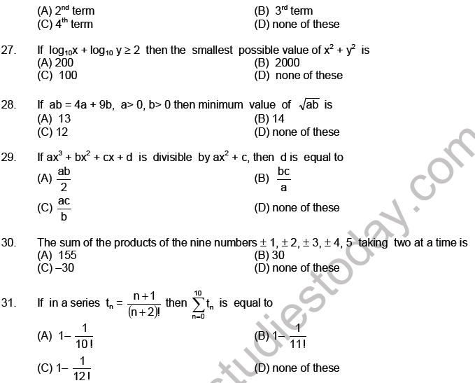 JEE Mathematics Sequence and Series MCQs Set A-Levl2-3