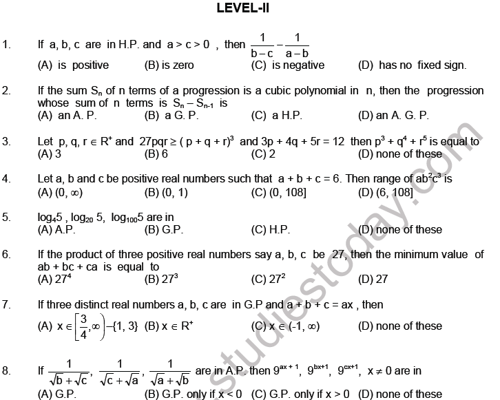 JEE Mathematics Sequence and Series MCQs Set A-Levl2