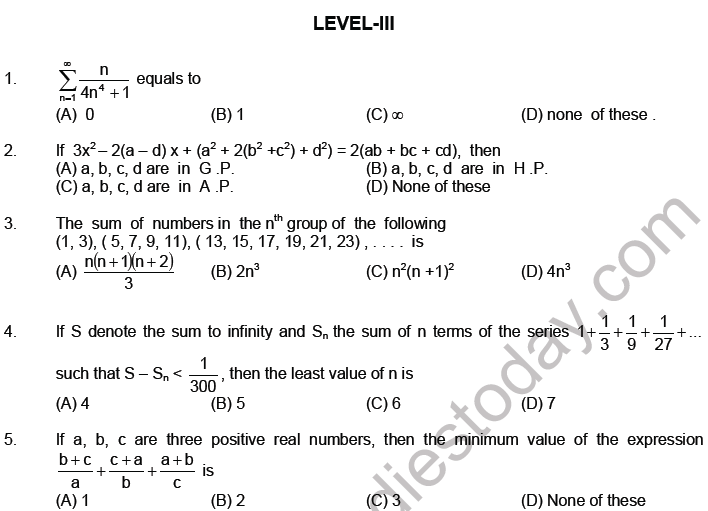 JEE Mathematics Sequence and Series MCQs Set A-Levl3