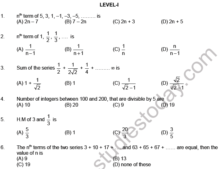 JEE Mathematics Sequence and Series MCQs Set A