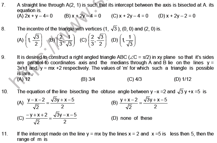 JEE Mathematics Straight Lines MCQs Set A-