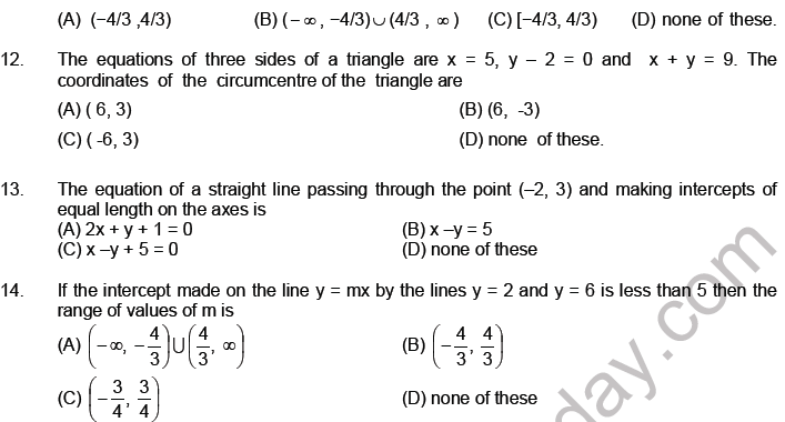 JEE Mathematics Straight Lines MCQs Set A-1